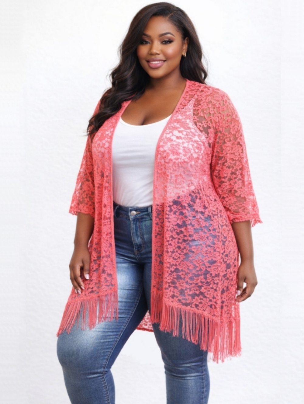 Hot Pink Lace Kimono Duster 2X Fringe Open Front Boho Festival Layer